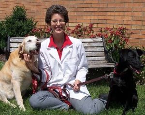 Dr. Sally Foote, veterinarian and behaviorist in Illinois, with her two dogs, recommending Alana Stevenson for dog and cat behavior help